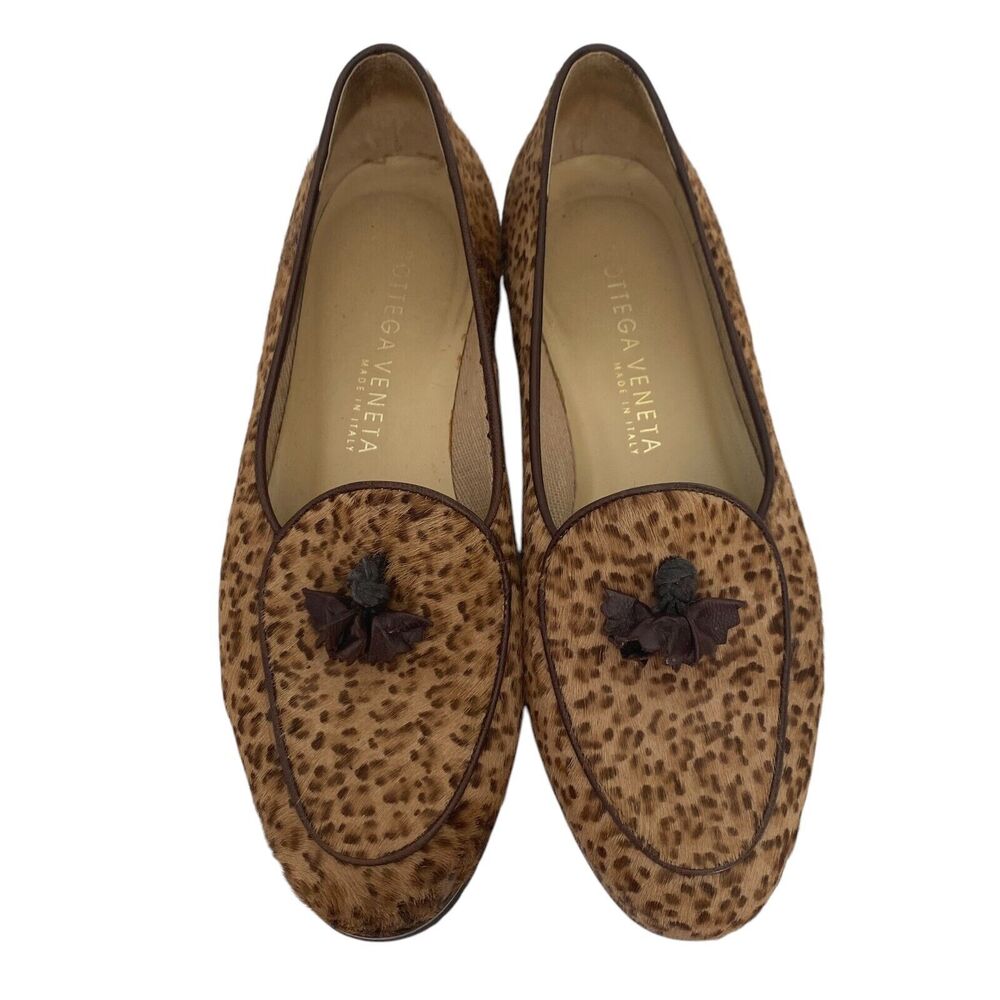 Bottega Veneta Brown Leopard Pony Hair Tassel Moccasins
